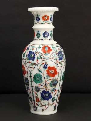 12'' Marble Flowe Vase, Floral Gemstone Inlay, Table Vase for home decor, Pietra