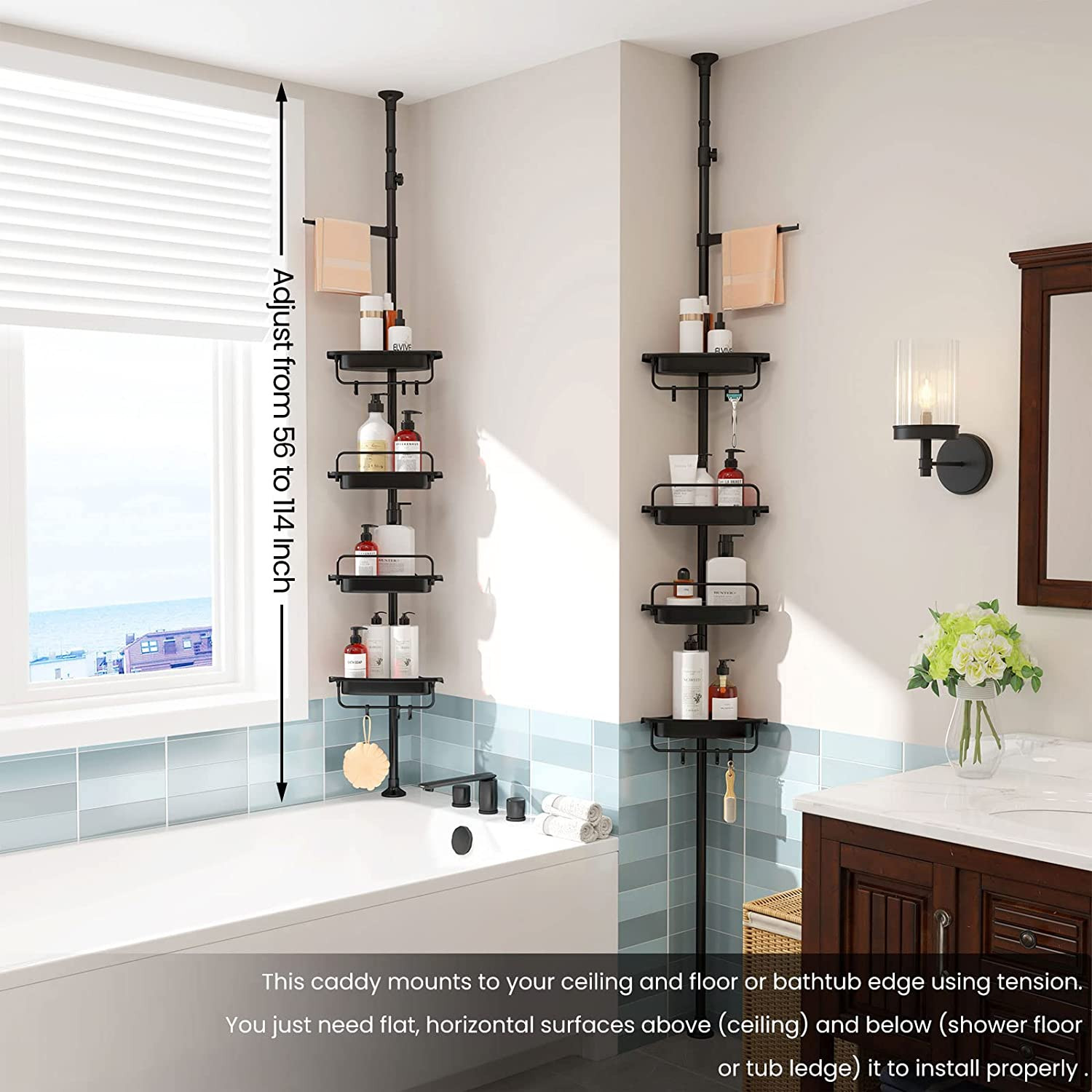 4 Tier Corner Shower Caddy Tension PoleMade of Rustproof Stainless