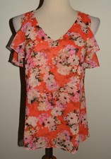 Womens CAbi XS Cold Shoulder Ruffle Blouse Orange Floral V-Neck Tank Top 5352
