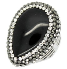 Fine Silver Plated  Rhodium Ring w/ Simulated Black Onyx Pear-Shape  Crystals