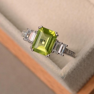 3.50 Ct Emerald Cut Natural Peridot Diamond Ring 14K Solid White Gold Size 8