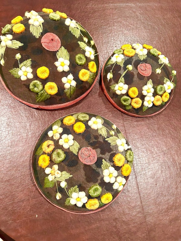Vintage Mesh Food Covers (3) Embroidered With Flowers