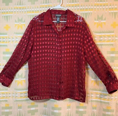 Notations Red Sheer Chiffon Check Collared Button-Up Blouse Long Sleeve XL