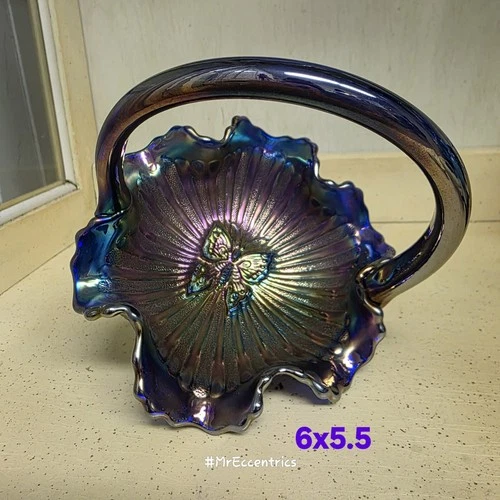 Vintage Fenton Cobalt Carnival Glass 3 Footed Butterfly Basket