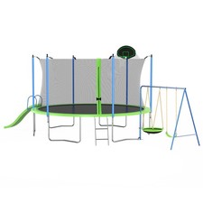 12FT Trampoline Basketball Hoop Slide Swing ASTM Approved Outdoor Green