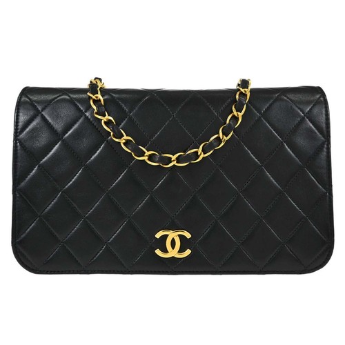 Chanel Vintage Full Flap Quilted Lambskin Black Leather Shoulder Bag
