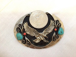 Large Metal Eagle Turquoise Coral Silver Dollar Belt Buckle Vintage Native Style