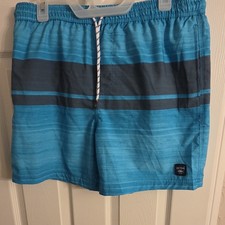 Spicy Tuna Men's Striped Swim Trunks Blue Gray Large Drawstring Pockets Lined