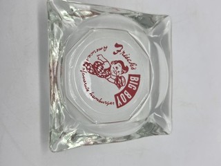 Big Boy Restaurant Clear Glass Square Advertising Ashtray w/ Red Big Boy Logo