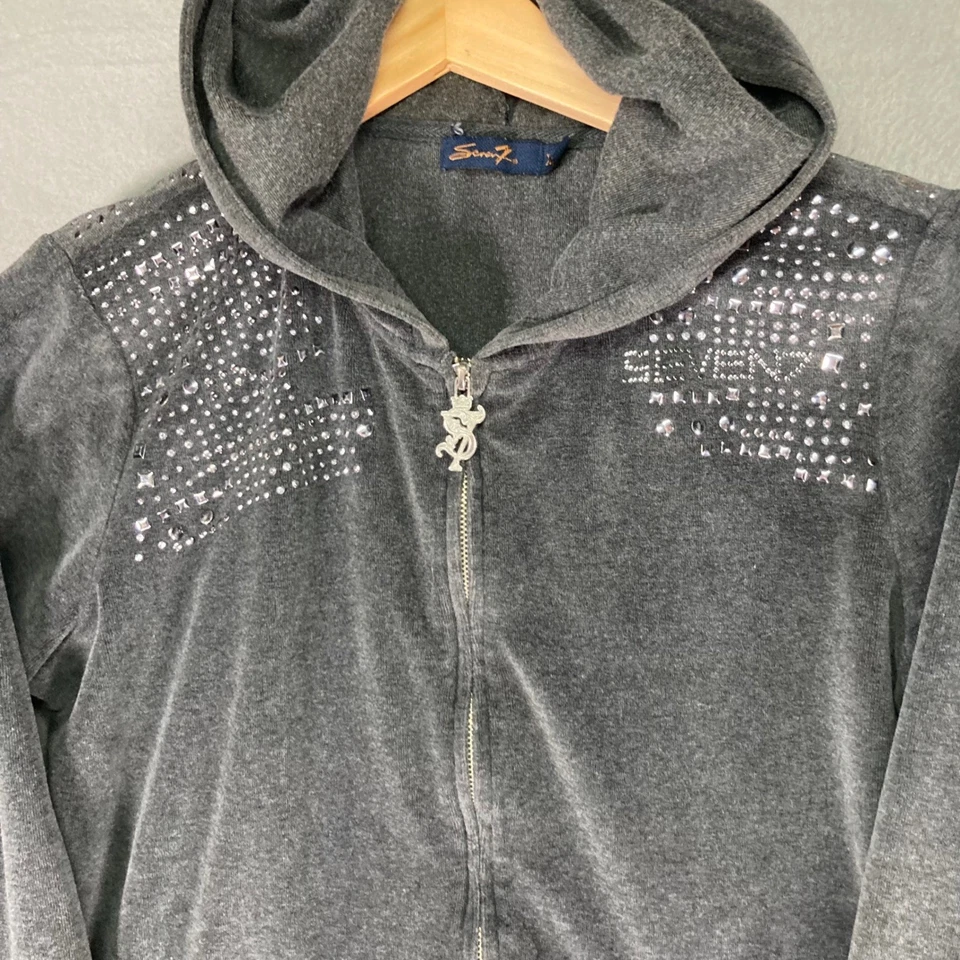 Conjunto de chándal de terciopelo para mujer Seven7 pantalones con capucha estrás adornado XL Y2K Foto 3 de 4