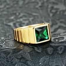 Men's Gold Plated Wedding Rings Stainless Steel Emerald Signet Ring Biker Punk