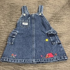 Vtg Oshkosh Vestbak Overall Jumper Dress Denim Summer Embroidery 18mo Pockets