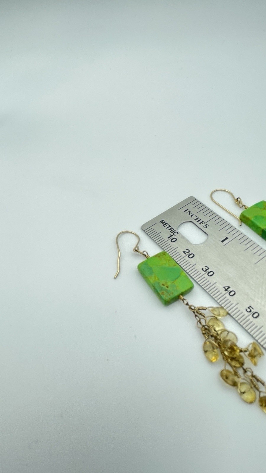 Green Stone Look Rectangle Dangle Earrings Yellow… - image 5