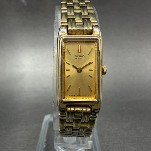 Seiko Tank Watch Women 13mm Champagne Dial Gold Tone VTG 2E20-7029 New Battery