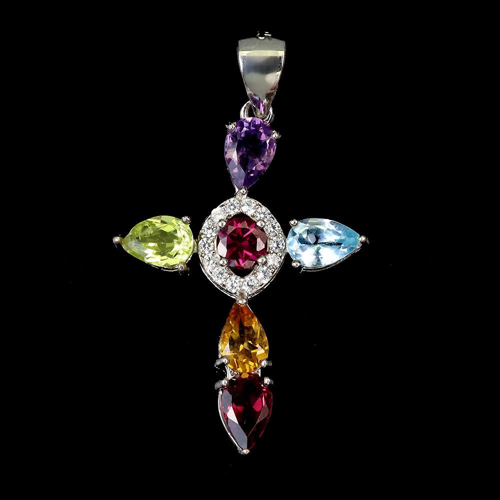 925 Sterling Silver Pendant Pear Amethyst Citrine Peridot Gemstone Cross Jewelry