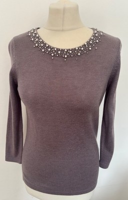 M&S Classic Edit UK 8 Lavendel Perlen Perlen Ausschnitt Feinstrick Wollmischung Pullover