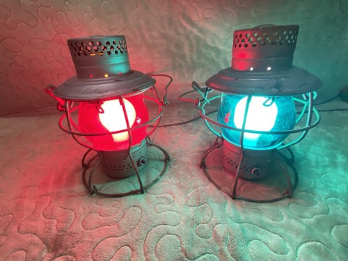 Two Vintage NYCS Handlan St Louis Railway Lanterns Red and Blue Lens Electrified