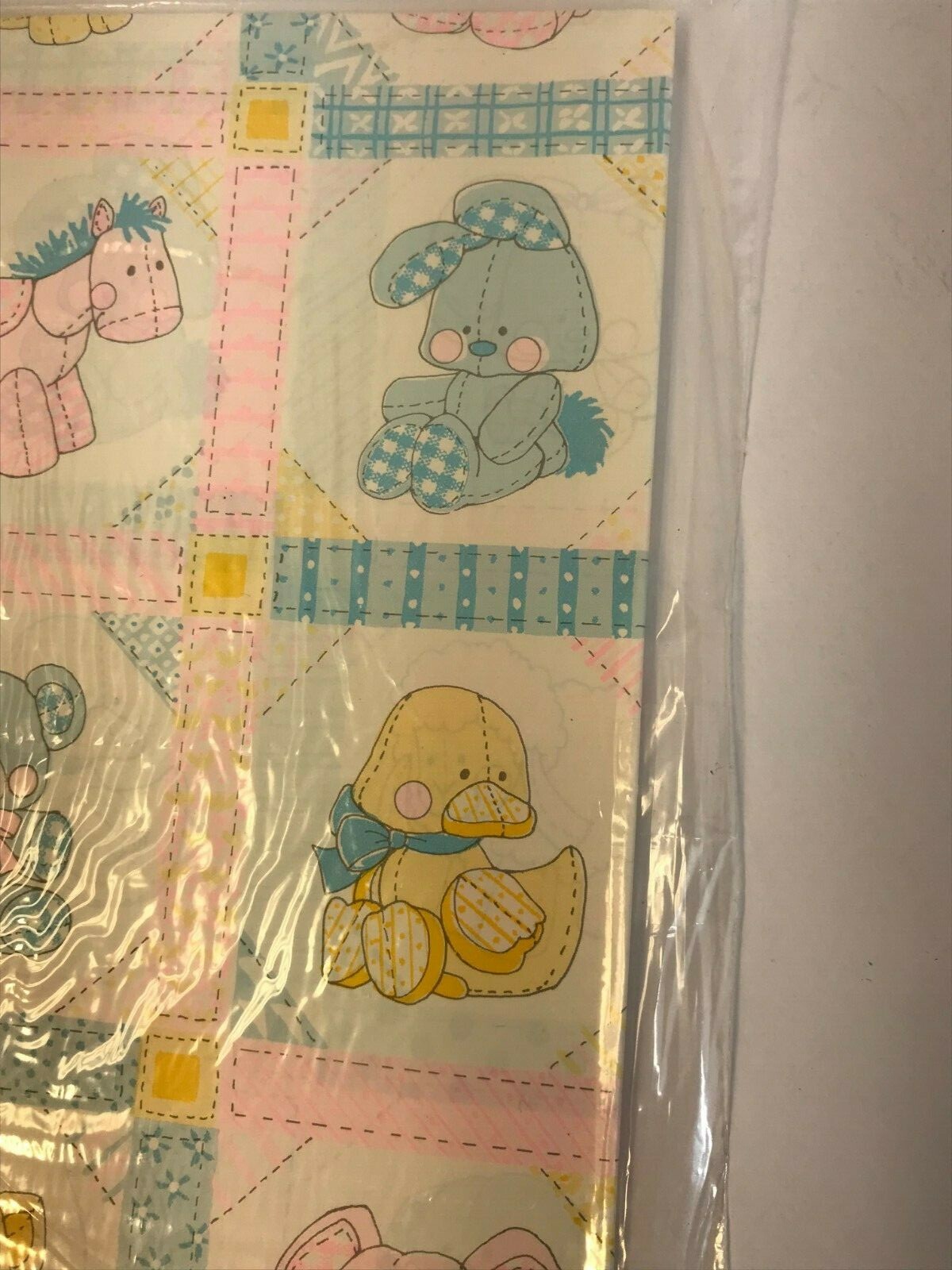 NOS 1980's Vtg Baby Calico Gingham Animals Duck Horse Bear Dog Gift Wrap Paper 
