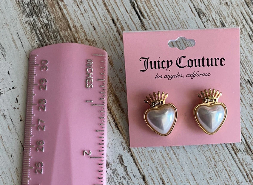 Juicy Couture heart Shaped pearl crown stud earrings Gold Tone Logo Pierced - Image 4 of 4