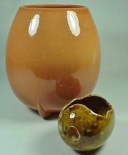 2 Vintage Egg Shaped VASES Ceramic Burnt Orange 7" & Small 4" Long Brown Spatter