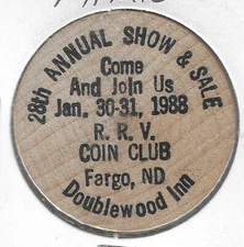 1988, RRV Coin Club 28th Show, Doublewood Inn Fargo, North Dakota, Wooden Nickel
