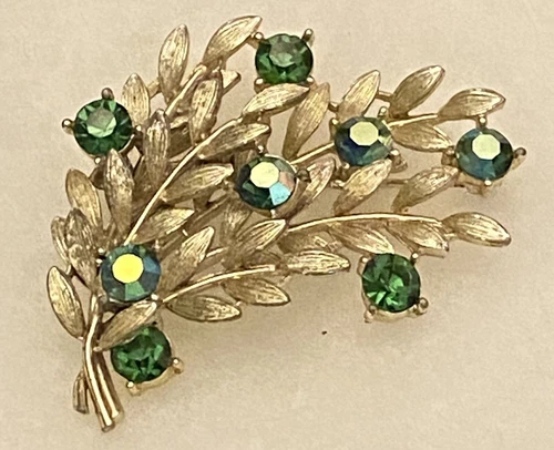 Vintage LISNER Brushed Silver Tone Green AB Crystal Rhinestone Leaf Brooch
