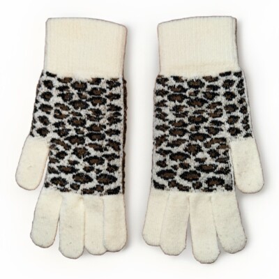 Women s Knit White With Animal Pattern Warm Winter Used Gloves