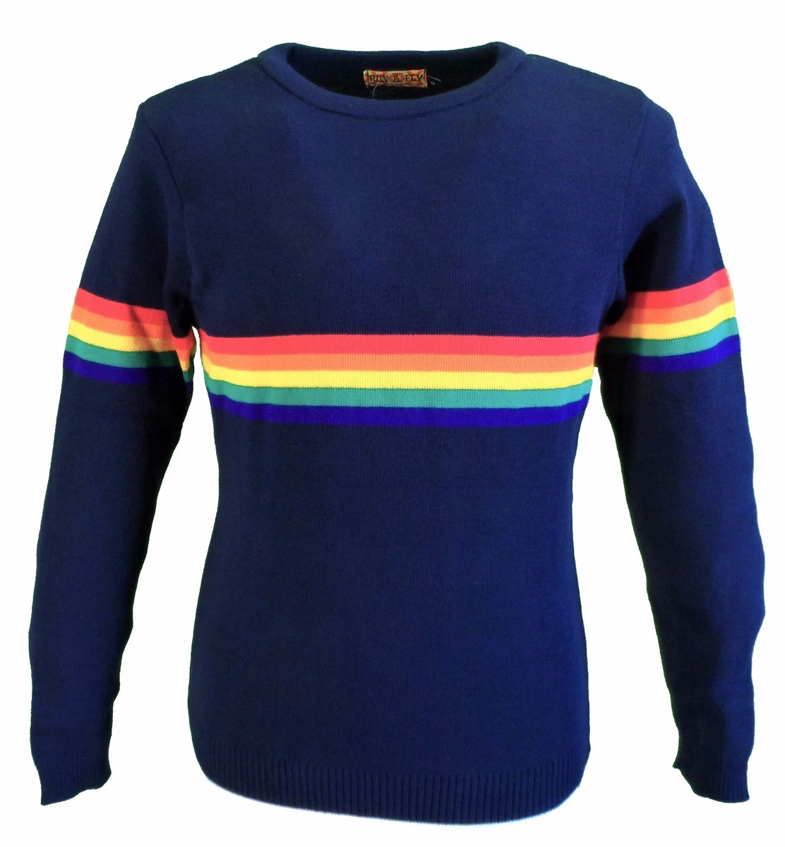 Mens Navy Retro Indie Mod 60s 70S Rainbow Jumper