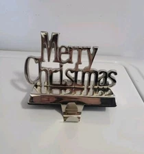 "Merry Christmas"  Stocking Holder hanger silver tone Metal Brushed Nickel