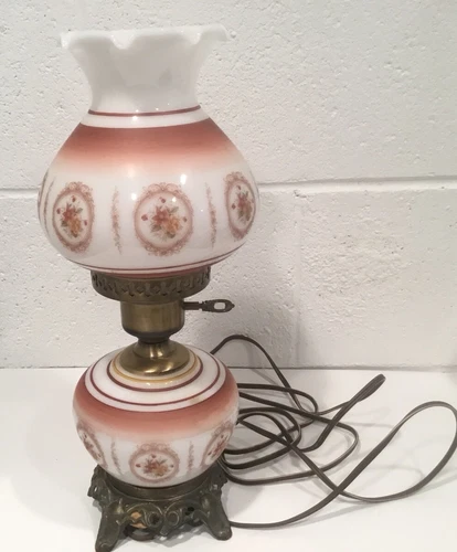 Vintage Milk Glass Painted 3 Way Table Lamp 14-1/2” Retro Flowers Floral