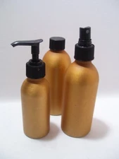 Vintage 3 Piece Bathroom Vanity Bottles Gold Lightweight Tin Black Toppers Used 