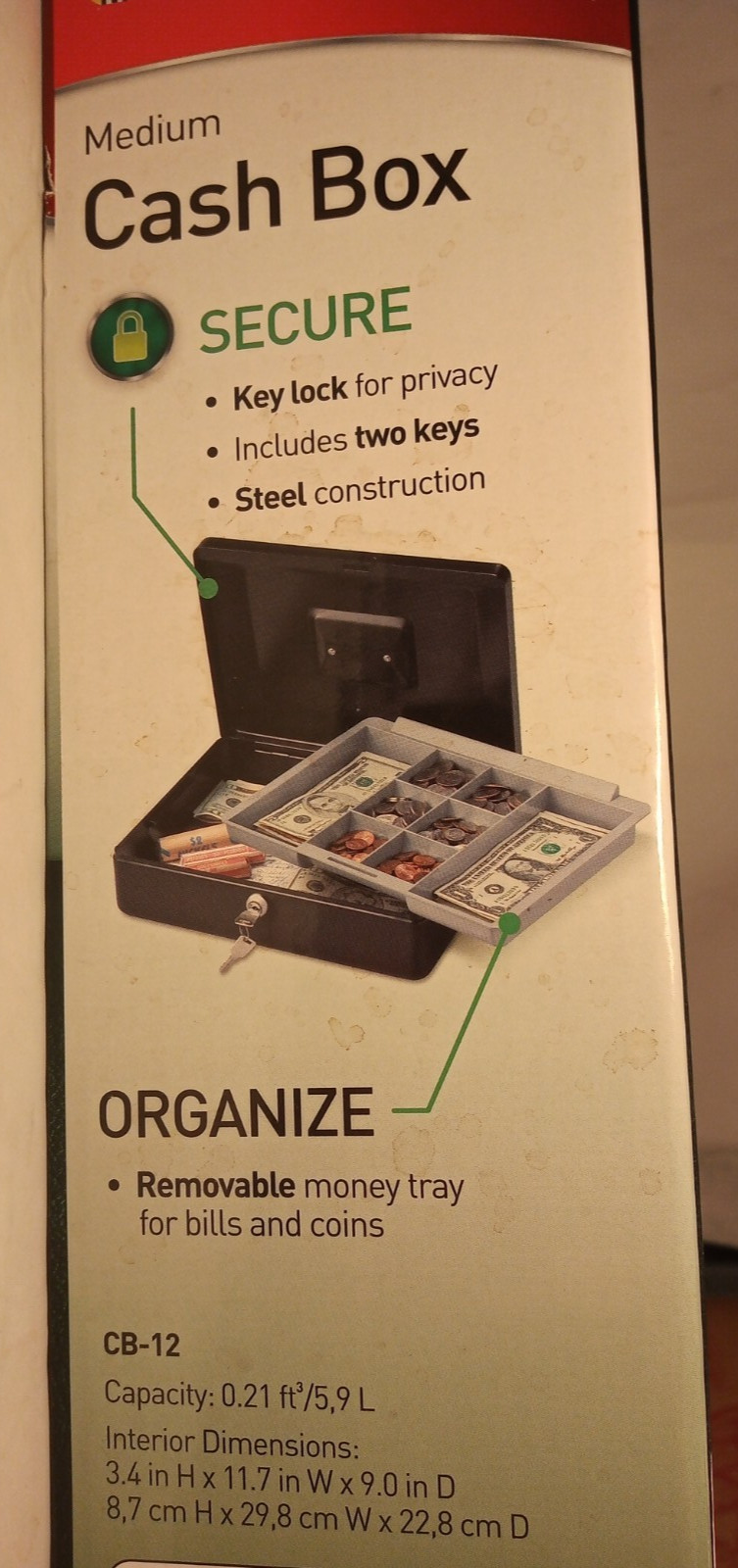 Sentry Safe CB-12 Black Steel Keyed Medium Cash Box 3.4 x 11.7 x 9 in. - 2 Keys
