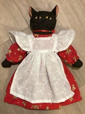 Vintage handmade stuffed kitty with red print dress and pinafore Cat