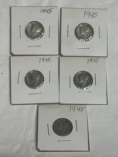 Five 1945 Mercury Dimes In Fine To VF Condition Lot