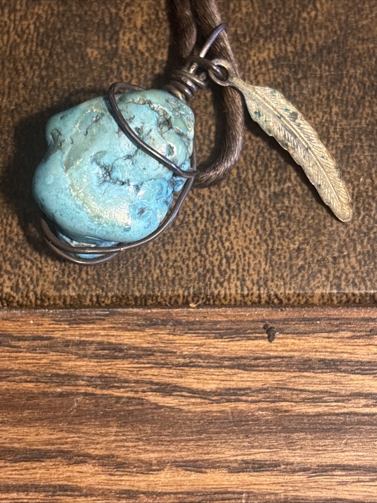 Rustic Wrapped Turquoise Stone Leaf Design Dangle… - image 4