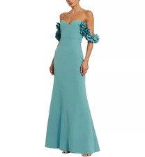 IEENA FOR MAC DUGGAL  $790 Blue Crepe Off The Shoulder Gown With 3D Flowers 10