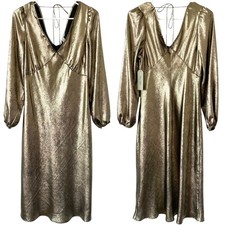 NEW NINE EIGHT Gold Shimmer Midi Dress Size Medium V Neck Balloon Long Sleeve