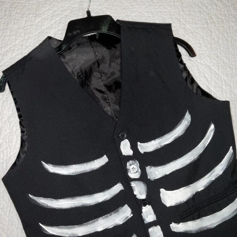 Chaleco Hombre Negro Hombre Talla S Pequeño Disfraz Huesos Pintados a Mano Día de Muertos Foto 3 de 4