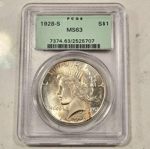 1928-S Silver Peace Dollar ~ PCGS MS63 OGH $1 Better Date US Mint Coin Toned