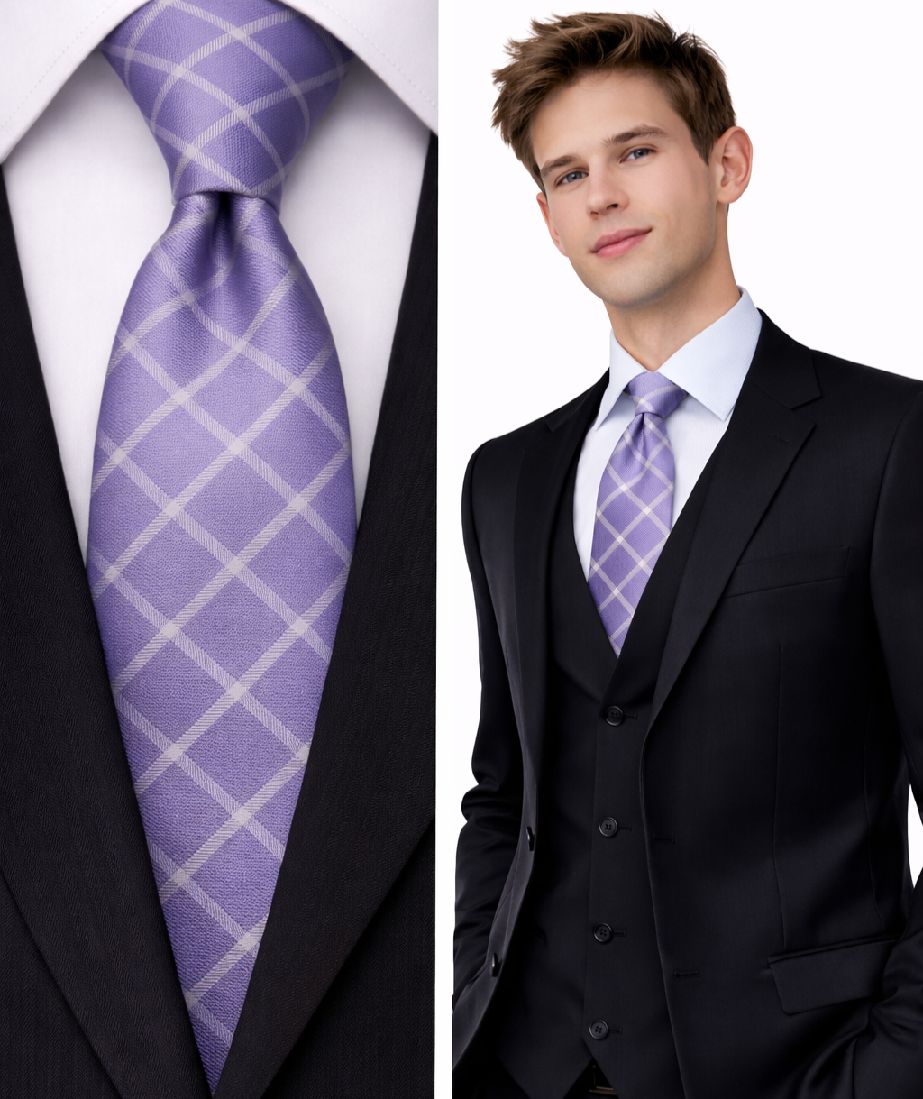 Reticolo Lilla Quadri Uomo Cravatta Argento Bianco Viola Plaid Righe Stile