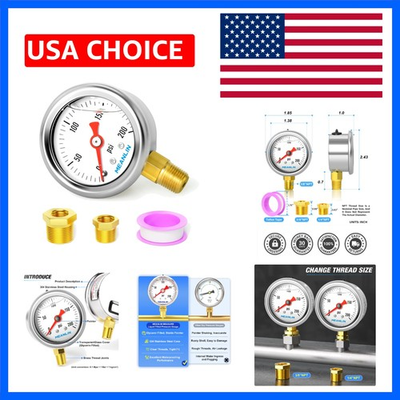 #ad 0 200Psi Stainless Steel 1 8quot; NPT 1.5quot; FACE DIAL Glycerin Filled Pressure Ga... $21.99