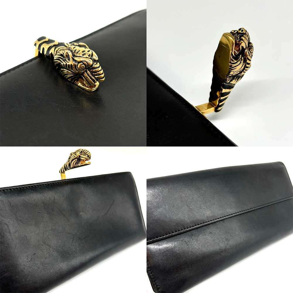 Gucci Tiger Head Clip Long Wallet Leather Black Gold Gucci Tiger Head Clip Long Wallet Leather Black Gold