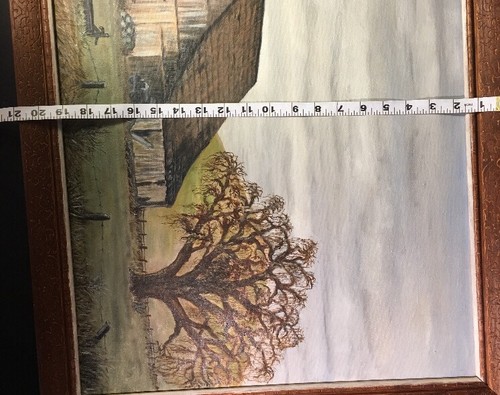Quadro vintage acrilico su tela legno incorniciato 26,5wx21L vecchio nonno fienile - Foto 6 di 8