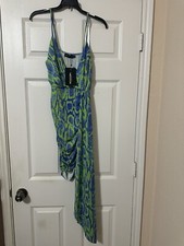 Pretty Little Thing Blue Snake Print Slinky Drape Strappy Bodycon Dress Size 6