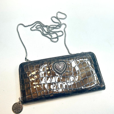 BRIGHTON Zip Around Cher Groovy Shiney Croc Leather Xbody Clutch Wallet Brown