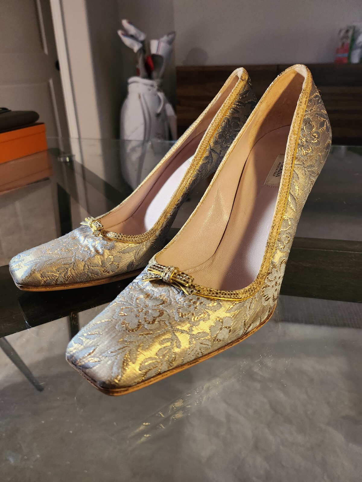Authentic Prada Silk Floral Jacquard Gold Pumps Heel 36 1/2, US 6 | eBay