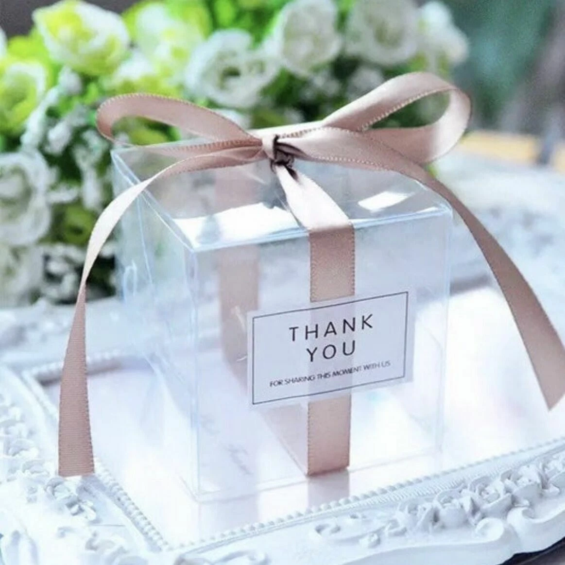 100 Clear Favor Box Rose Gold Ribbon, Macaroon Chocolate Candy Wedding  Gift Box