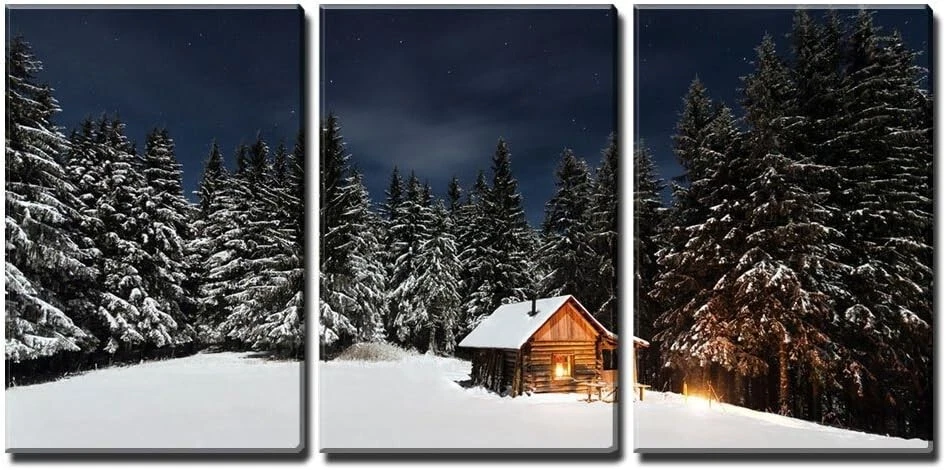 Juego de 3 arte de pared en lienzo Wall26 - Bosque de pinos y cabaña de madera con impresiones de nieve Foto 2 de 4