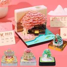 2025 3D Desk Calendar Notepad w/Lights Paper Carving Art New year Xmas Gifts US
