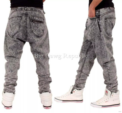 Nappy Boy Herren Drop Crotch Jeans Tapered Fit Acid Wash Denim Streetwear W30-W40